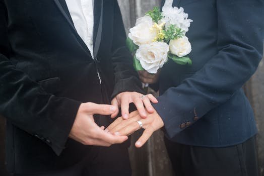 Close-up of two grooms holding hands with wedding rings and bouquet, symbolizing love and commitment.